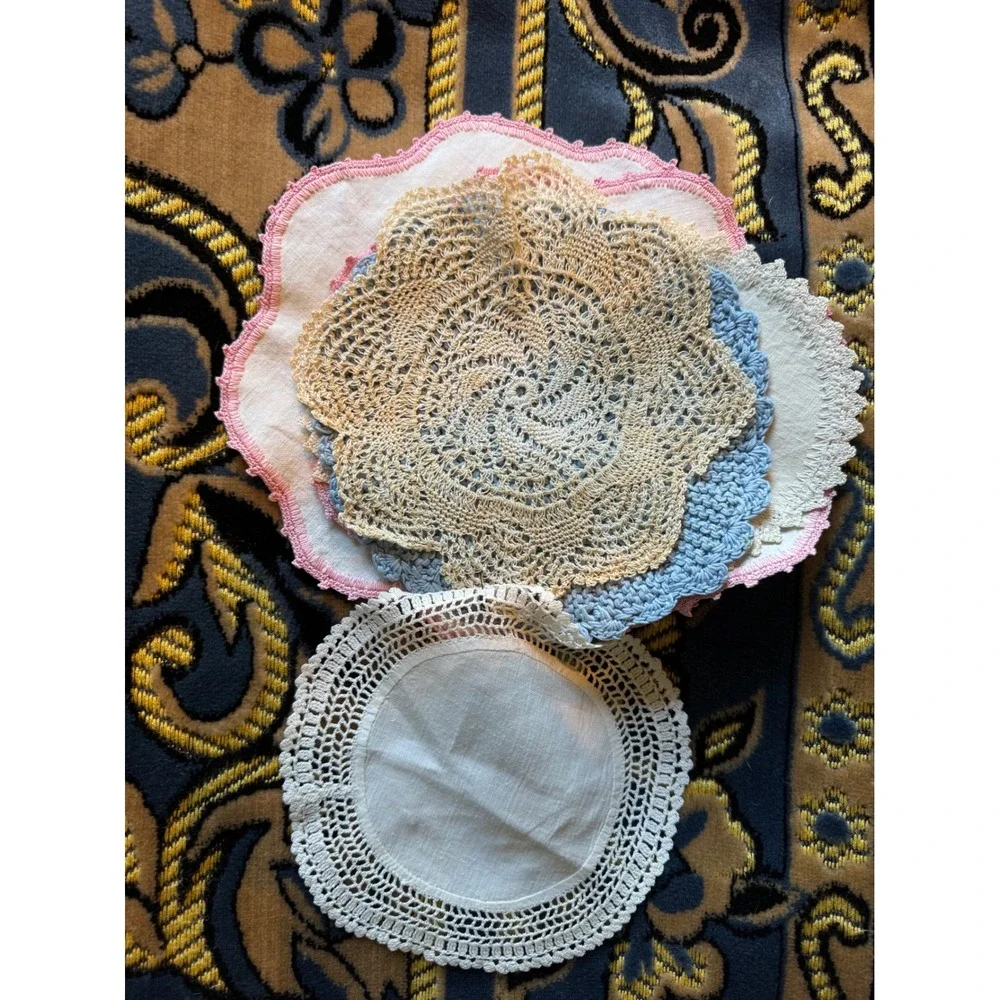 Vintage Linen Doilies Crochet Lace Edging Pastel Pink Blue Cream Set Cottagecore